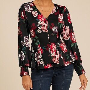 Maurices Black Floral Long Sleeve Blouse